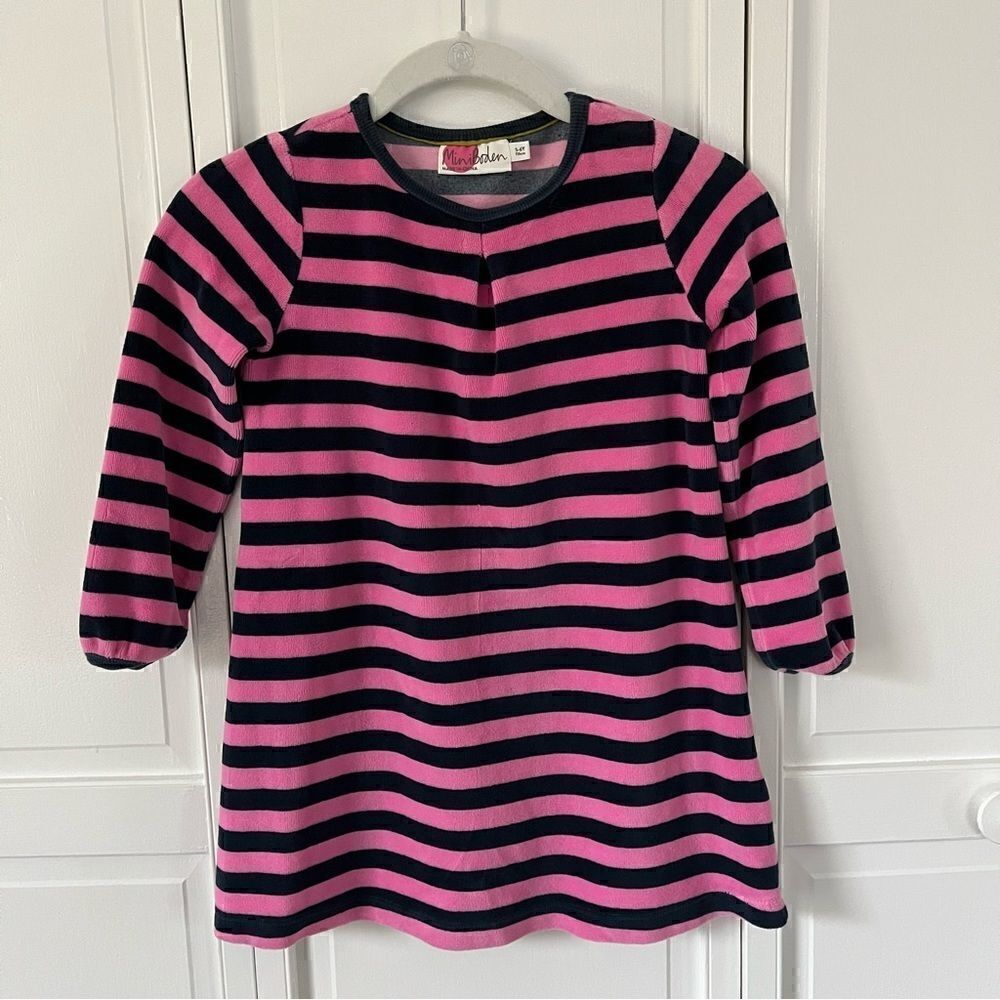 Mini Boden Girls Long Sleeve Velour Dress Pink and Navy Blue Striped Size 5-6